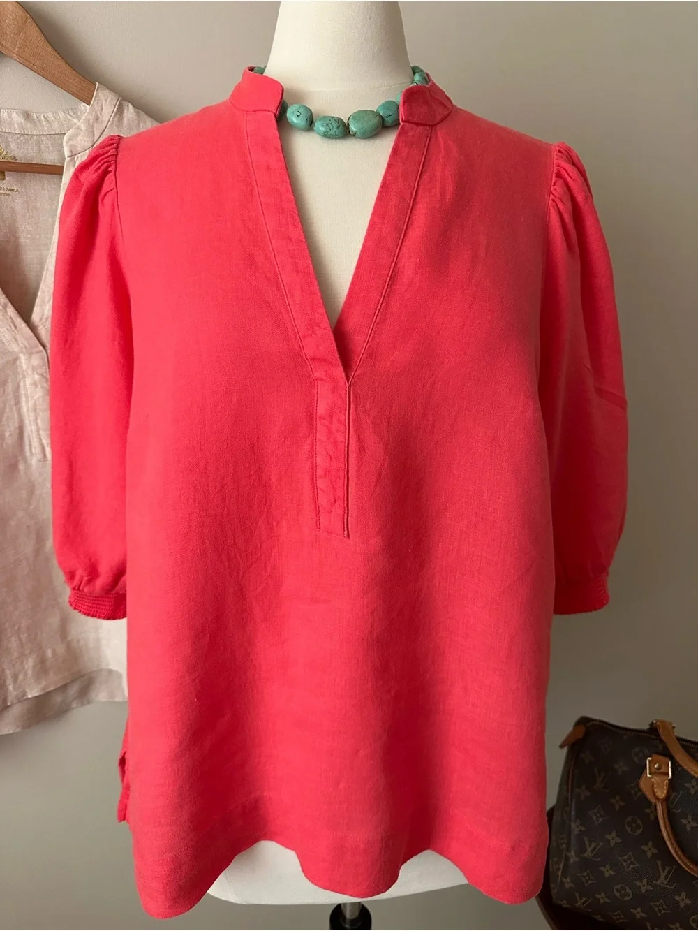 Lilly Pulitzer Coral Linen B-Neck Puff Sleeve